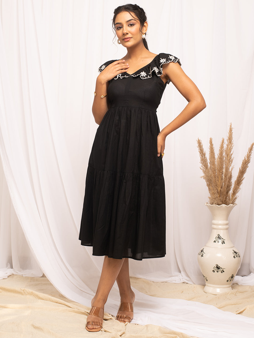 Women's Balck Colour Solid Cotton Skater Dress