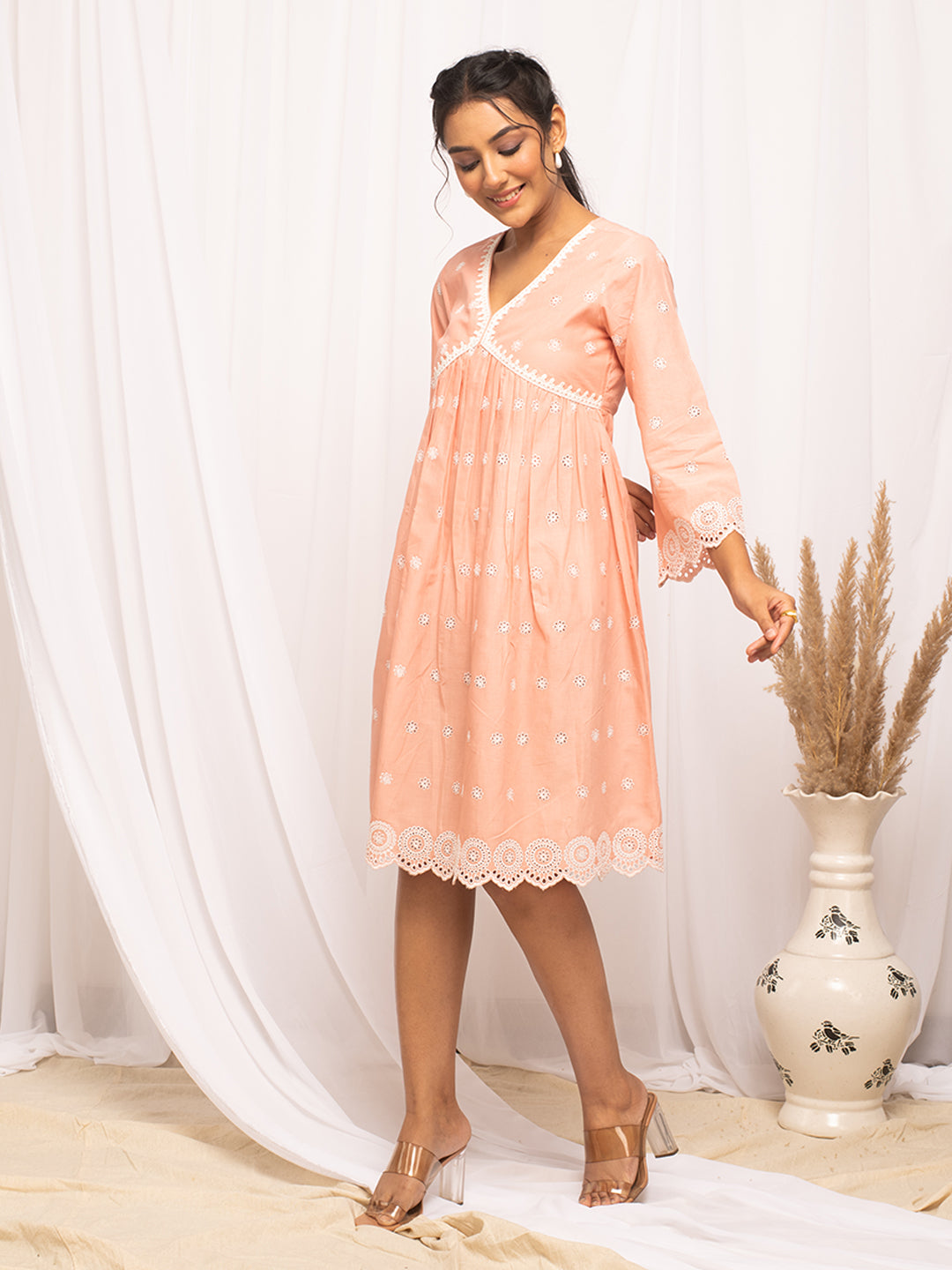Dhiyona FL Women's Peach Schiffli Work Cotton Skater Dress