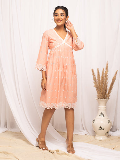 Dhiyona FL Women's Peach Schiffli Work Cotton Skater Dress