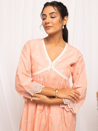Dhiyona FL Women's Peach Schiffli Work Cotton Skater Dress