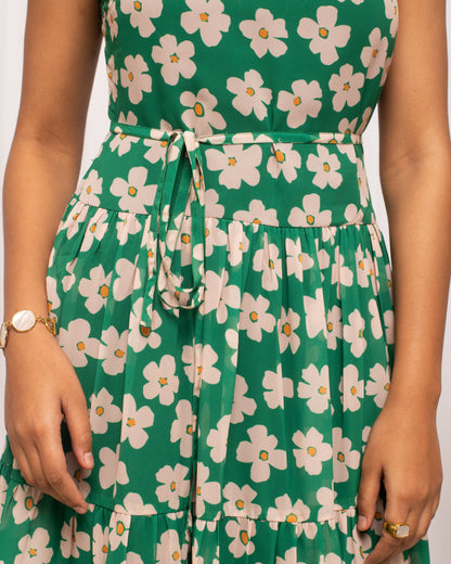 Women's Green Georgette Floral Printed  Dress