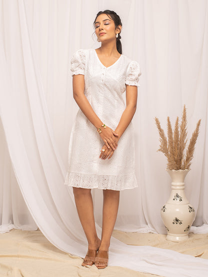 Dhiyona FL Women's White Schiffli Work Cotton Skater Dress