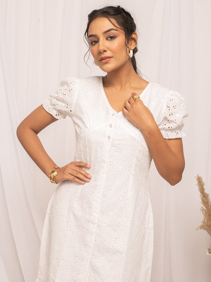 Dhiyona FL Women's White Schiffli Work Cotton Skater Dress