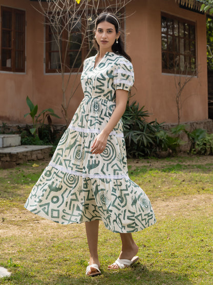Dhiyona FL Women's Off-White Printed Cotton Midi Dress