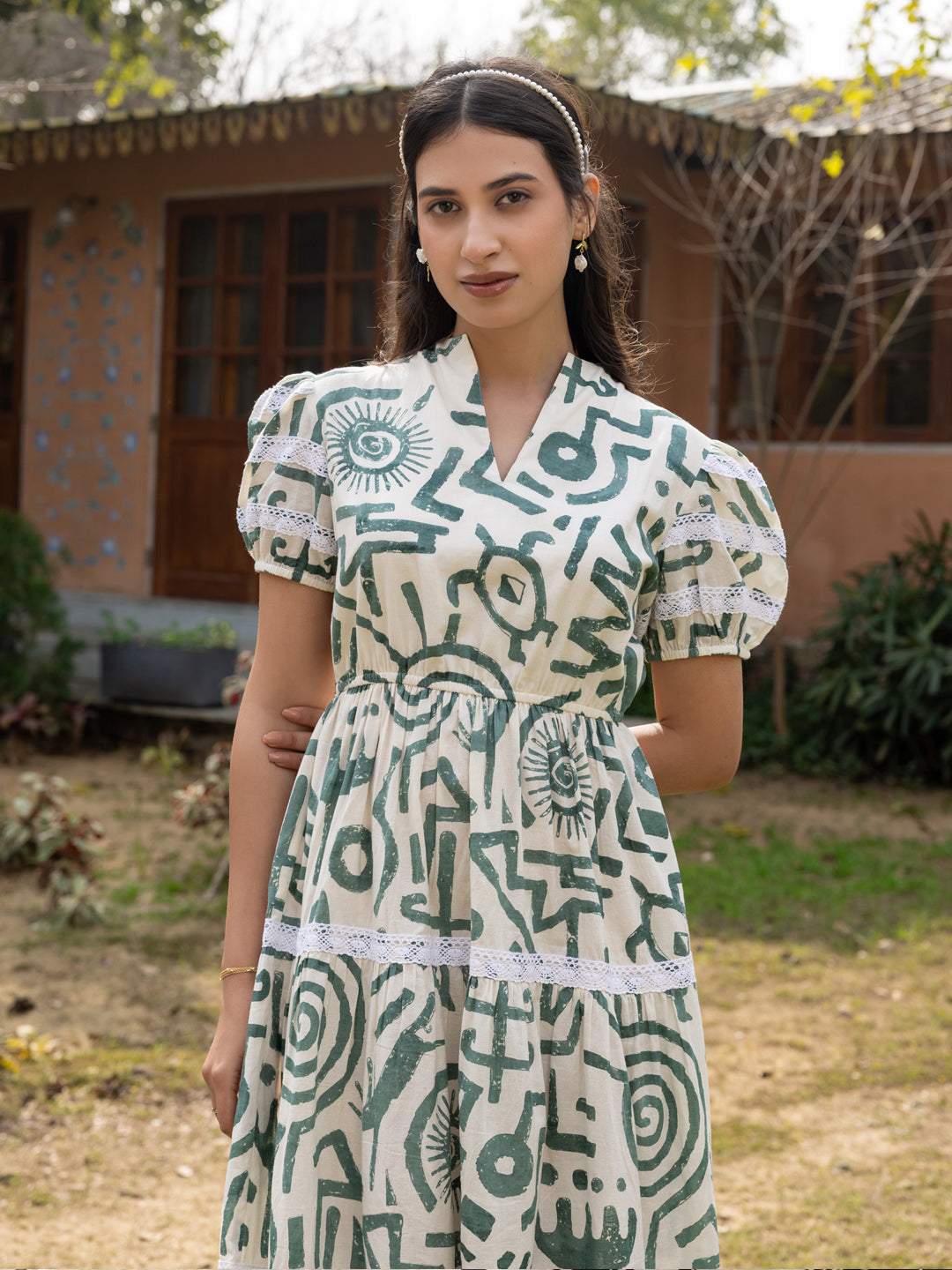 Dhiyona FL Women's Off-White Printed Cotton Midi Dress