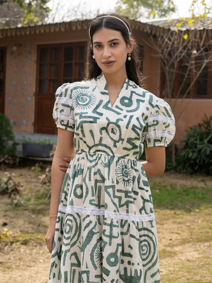 Dhiyona FL Women's Off-White Printed Cotton Midi Dress