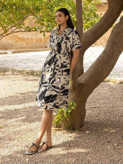 Dhiyona FL Women's Black Abstract Print Cotton Midi Dress