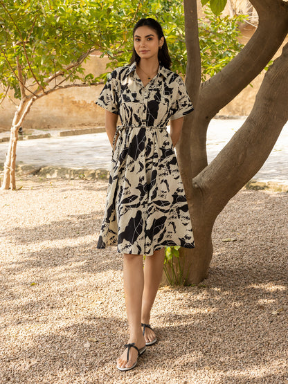 Dhiyona FL Women's Black Abstract Print Cotton Midi Dress