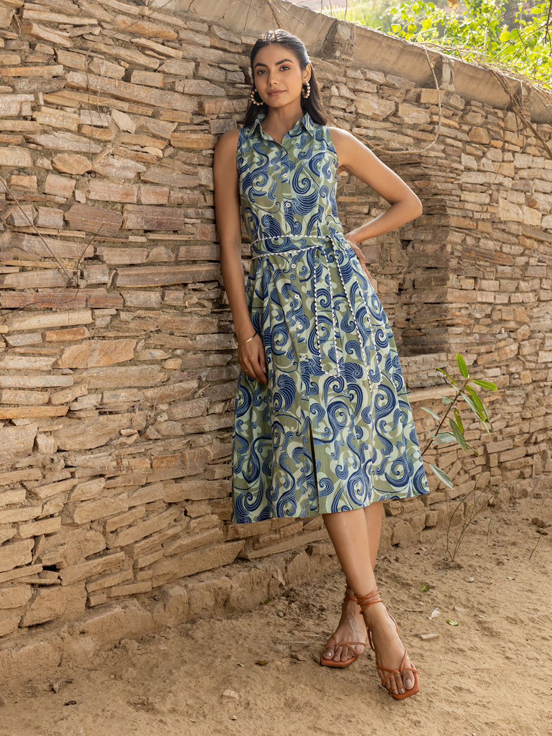Dhiyona FL Women's Olive Green Abstract Print Cotton Midi Dress