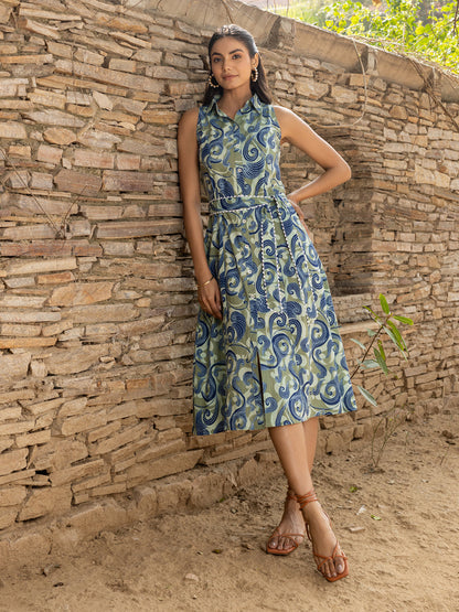 Dhiyona FL Women's Olive Green Abstract Print Cotton Midi Dress