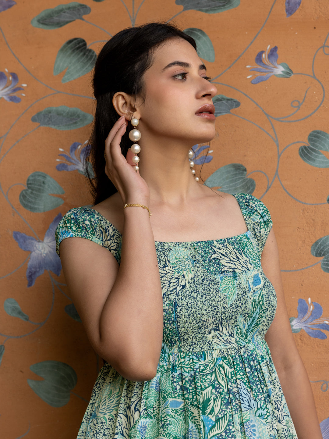 Dhiyona FL Women's Light Green Leaf Print Cotton Midi Dress