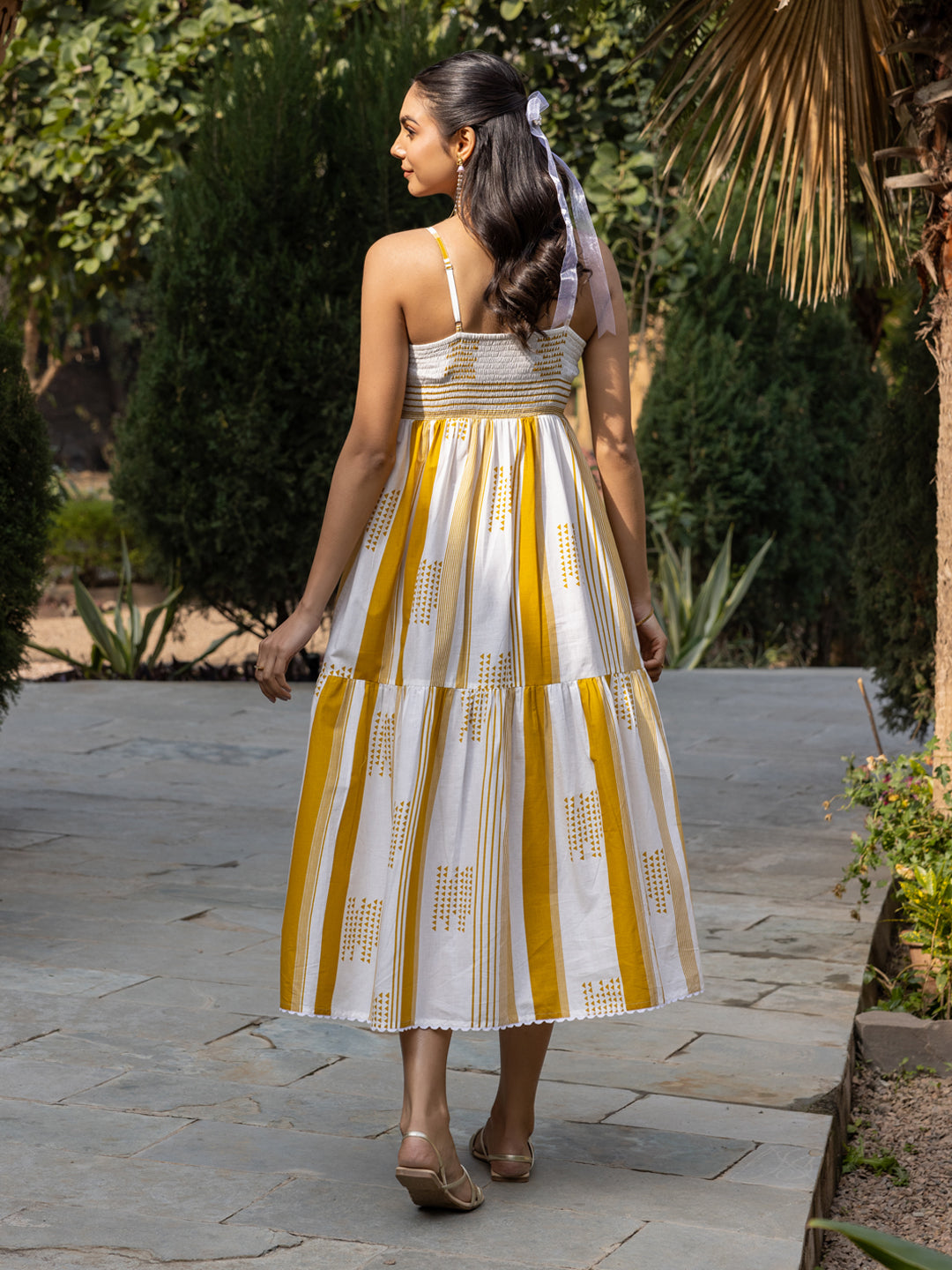 Dhiyona FL Women's Mustard Striped Cotton Midi Dress