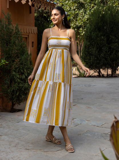 Dhiyona FL Women's Mustard Striped Cotton Midi Dress