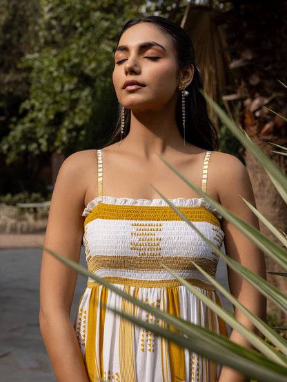 Dhiyona FL Women's Mustard Striped Cotton Midi Dress