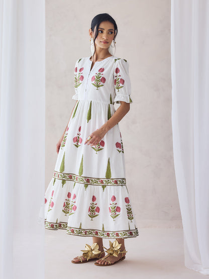 Dhiyona FL Women's Off-White Floral Printed Cotton Midi Dress