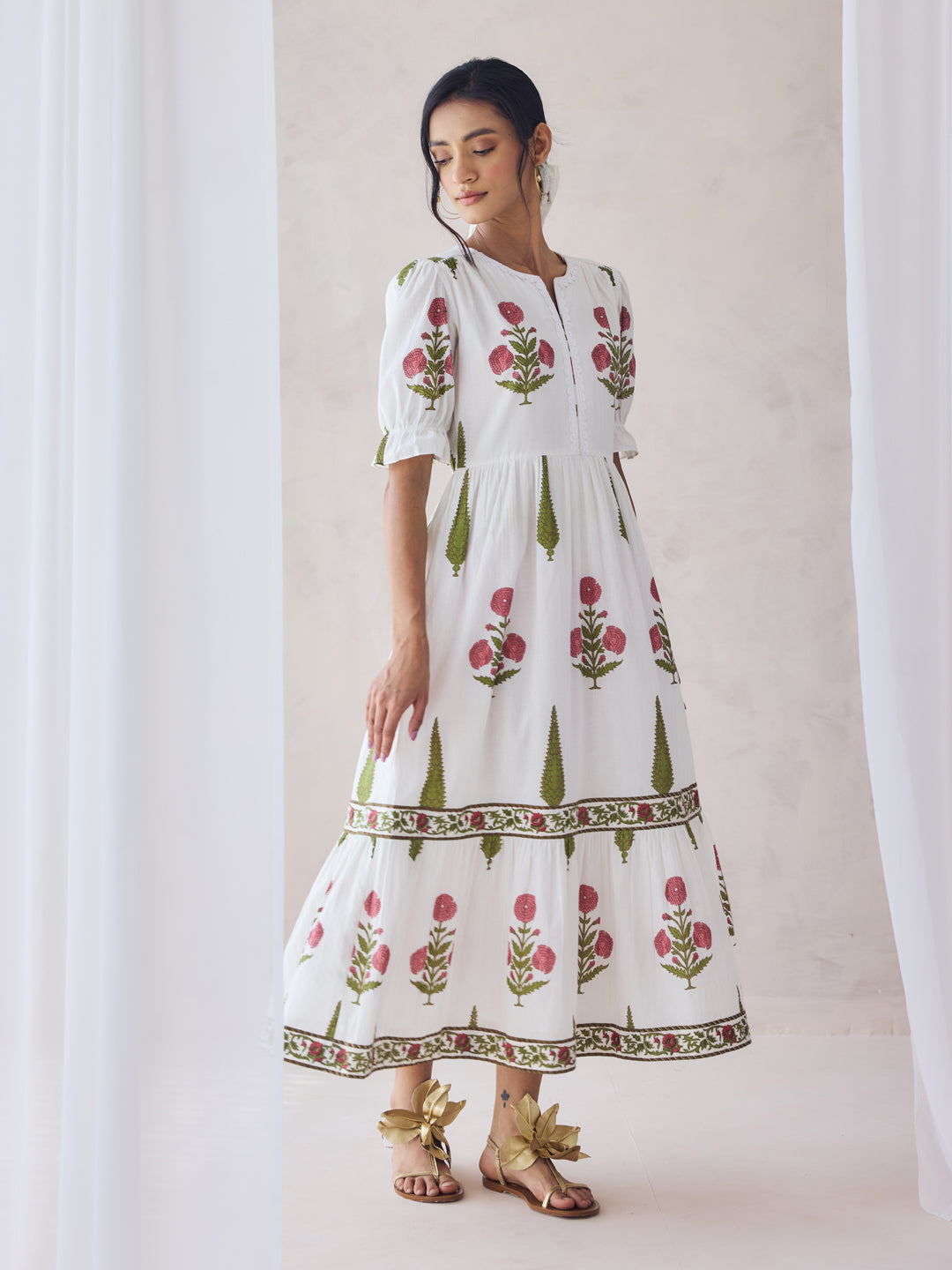 Dhiyona FL Women's Off-White Floral Printed Cotton Midi Dress