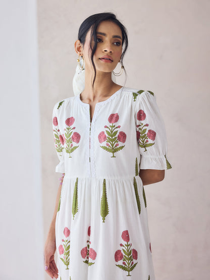 Dhiyona FL Women's Off-White Floral Printed Cotton Midi Dress