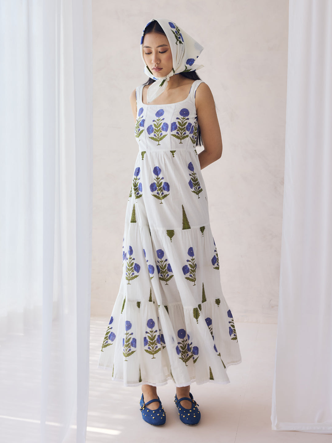 Dhiyona FL Women's Off-White Floral Printed Cotton Maxi Dress