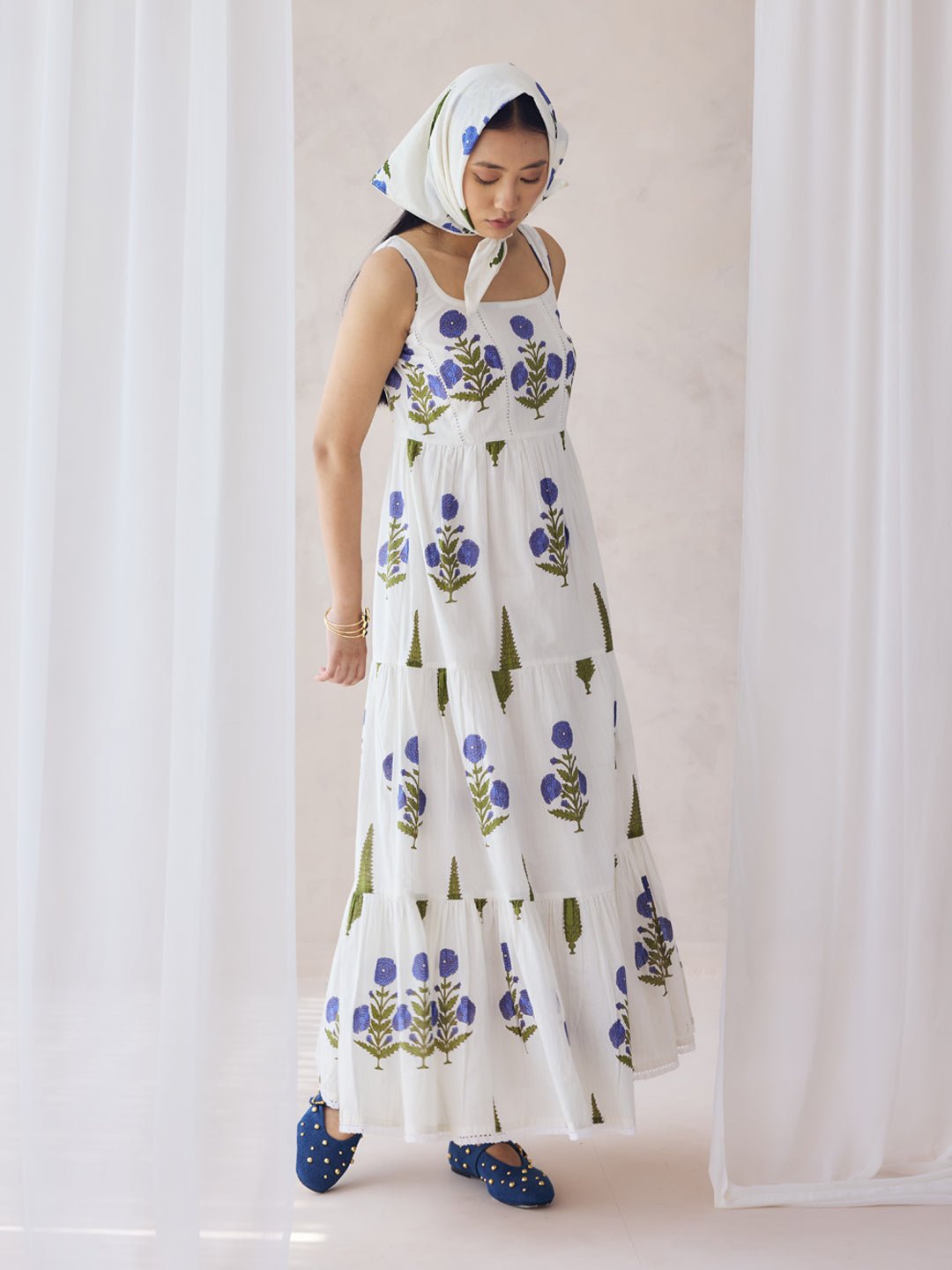 Dhiyona FL Women's Off-White Floral Printed Cotton Maxi Dress