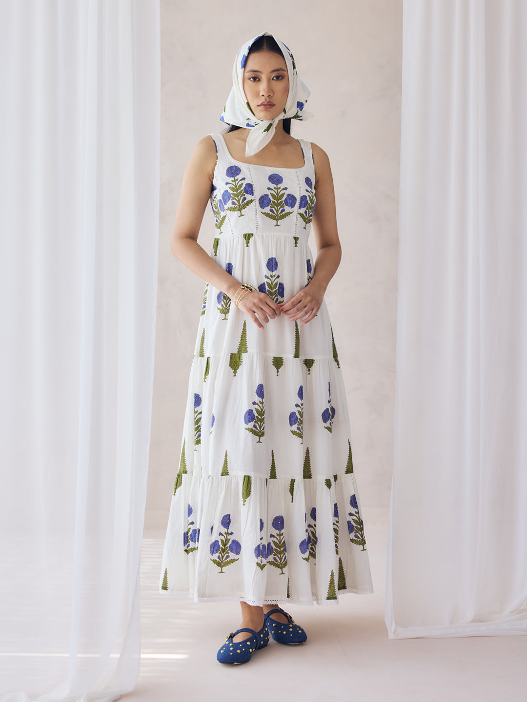 Dhiyona FL Women's Off-White Floral Printed Cotton Maxi Dress