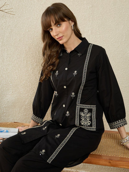 Dhiyona IE Printed Shirt Collar Three-Quarter Sleeves Pure Cotton Top With Trousers