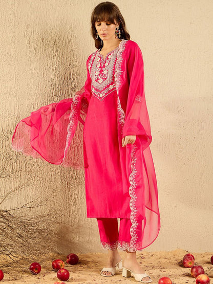 Dhiyona IE Women Floral Embroidered Regular Thread Work Liva Kurta with Trousers & With Dupatta
