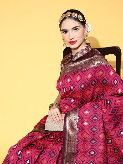 Women's Silk Blend Pink Woven Design Designer Saree With Blouse Piece
