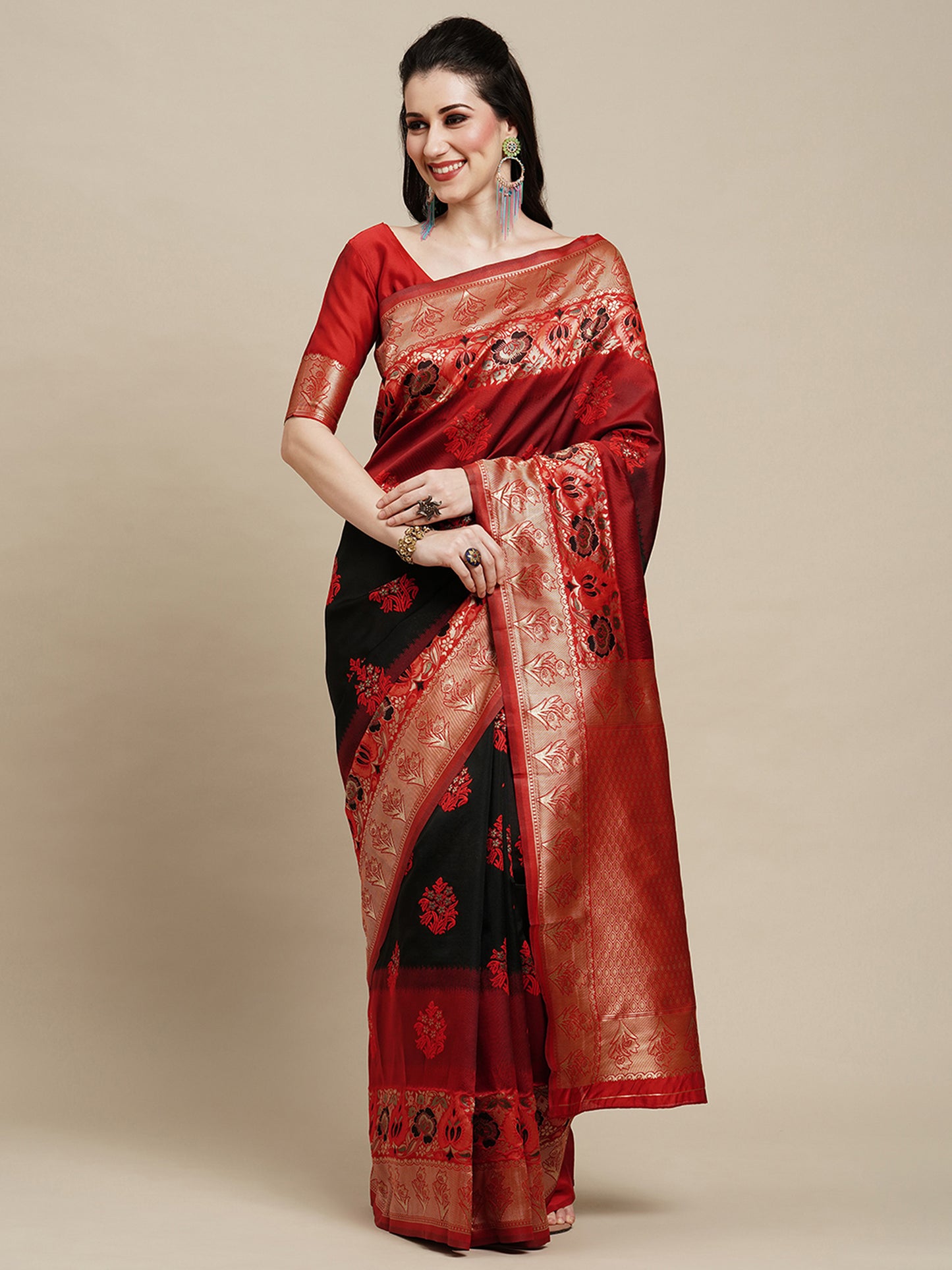 Women's Silk Blend Black Woven Design Designer Saree With Blouse Piece