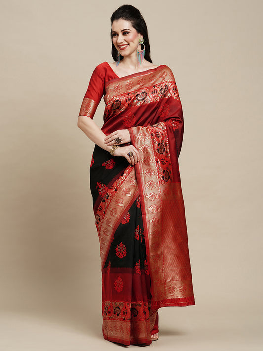 Women's Silk Blend Black Woven Design Designer Saree With Blouse Piece