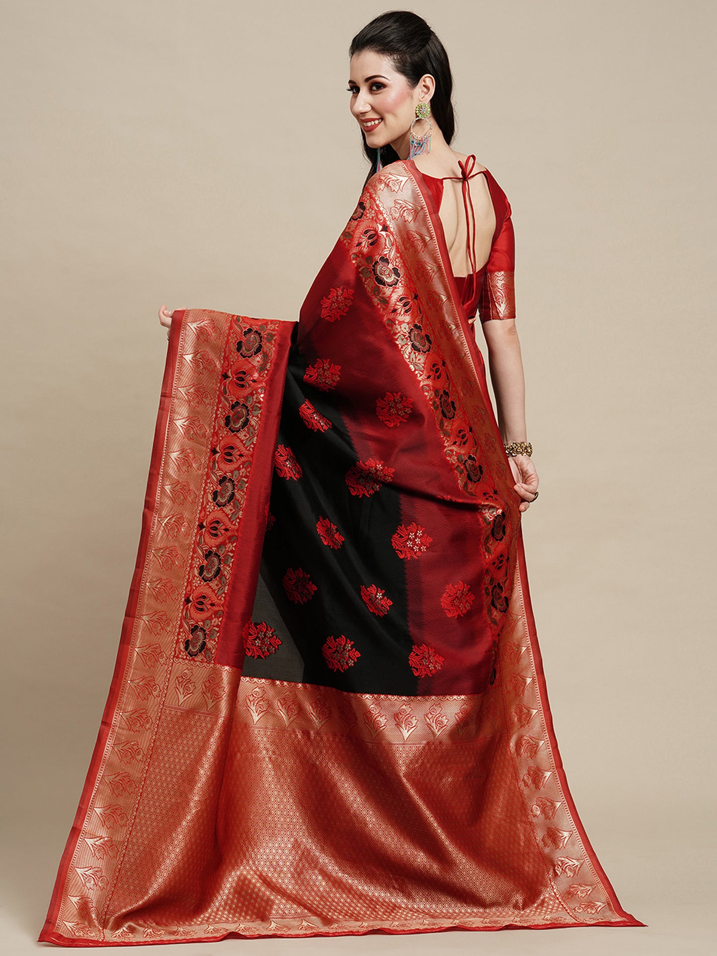 Women's Silk Blend Black Woven Design Designer Saree With Blouse Piece