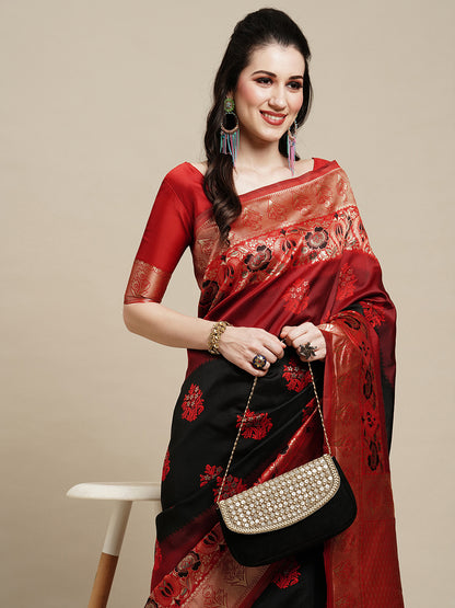 Women's Silk Blend Black Woven Design Designer Saree With Blouse Piece