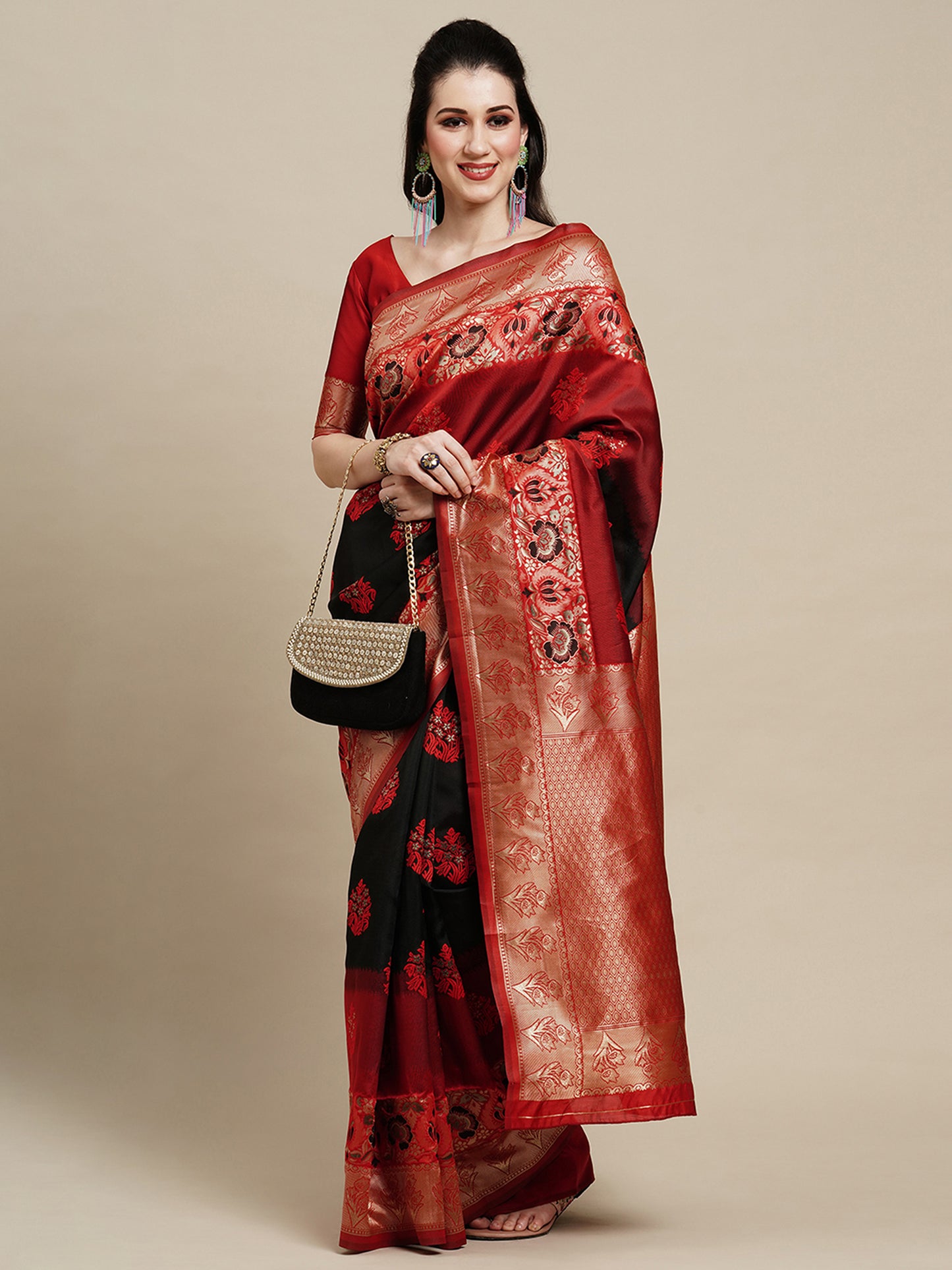 Women's Silk Blend Black Woven Design Designer Saree With Blouse Piece