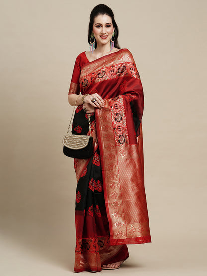 Women's Silk Blend Black Woven Design Designer Saree With Blouse Piece