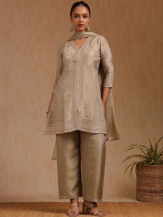 Dhiyona SO Women's Women Floral Woven Design Sequinned Detail A-Line Kurta with Palazzos & Dupatta