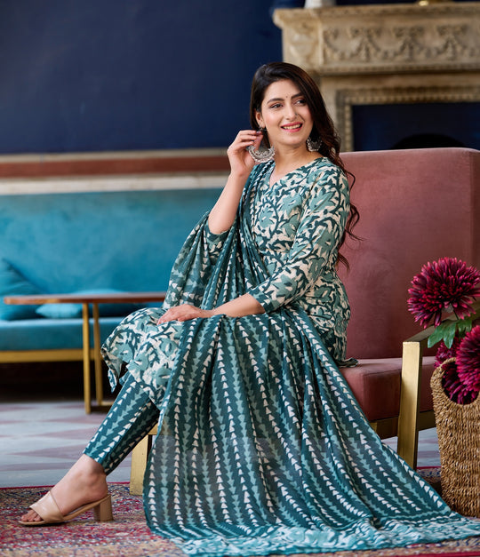 Women Dark Green, White Printed Viscose Rayon Kurta, Pant And Dupatta Set