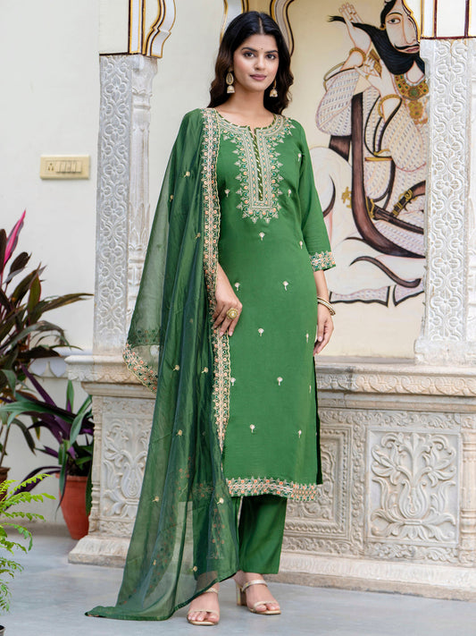 Dhiyona VV Women's Embroidered Silk Blend Calf Length Straight Kurta Trouser with Dupatta Set