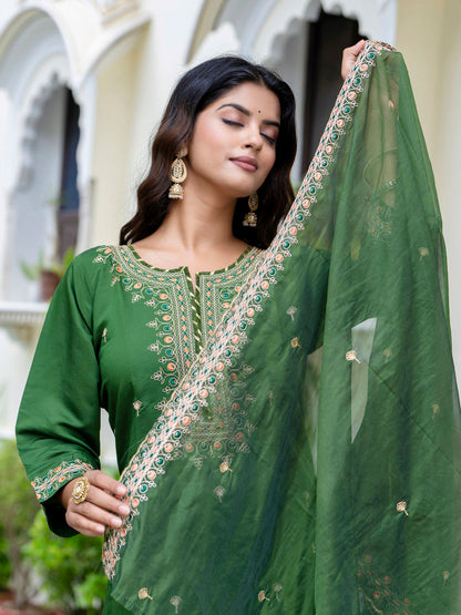 Dhiyona VV Women's Embroidered Silk Blend Calf Length Straight Kurta Trouser with Dupatta Set