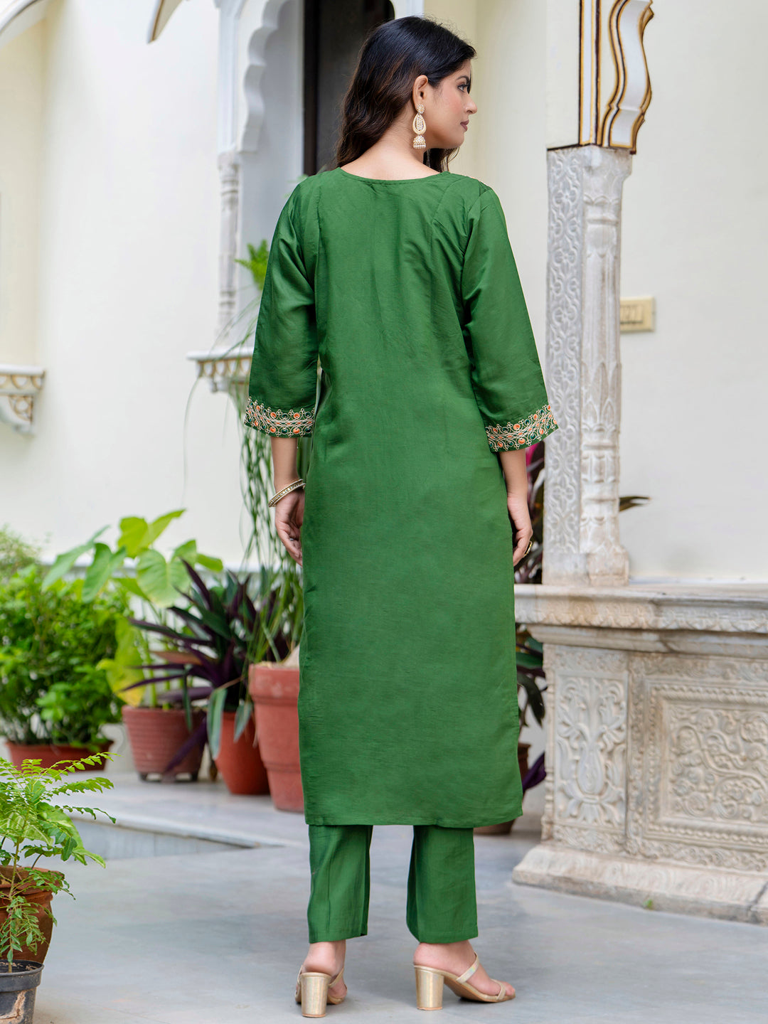 Dhiyona VV Women's Embroidered Silk Blend Calf Length Straight Kurta Trouser with Dupatta Set