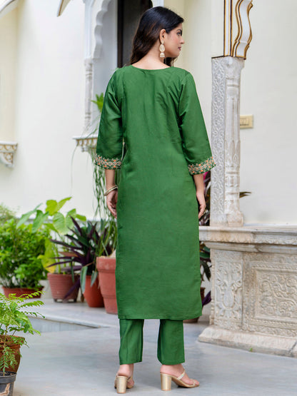 Dhiyona VV Women's Embroidered Silk Blend Calf Length Straight Kurta Trouser with Dupatta Set