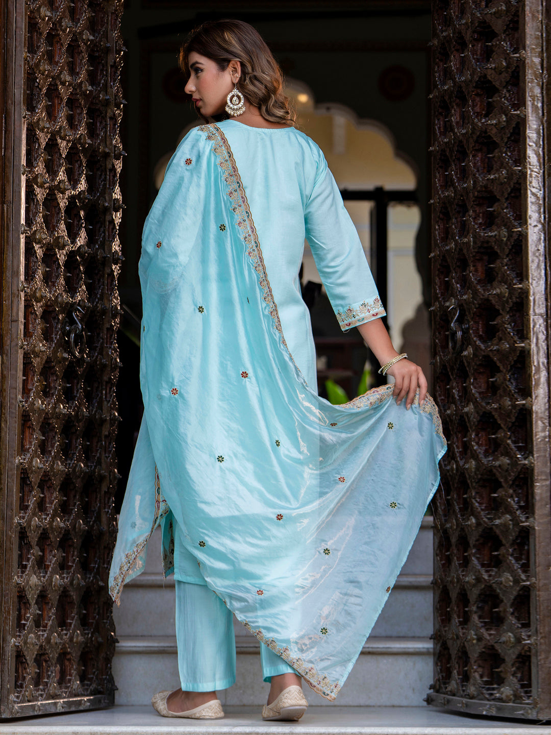 Dhiyona VV Women's Embroidered Silk Blend Calf Length Straight Kurta Trouser with Dupatta Set