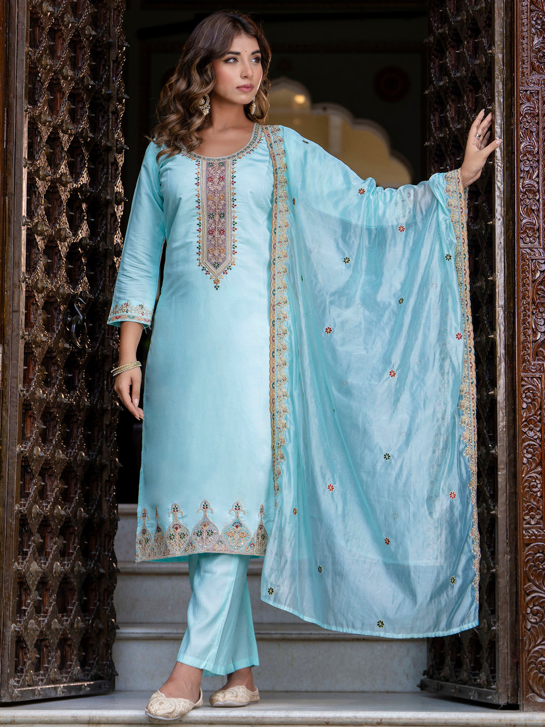Dhiyona VV Women's Embroidered Silk Blend Calf Length Straight Kurta Trouser with Dupatta Set