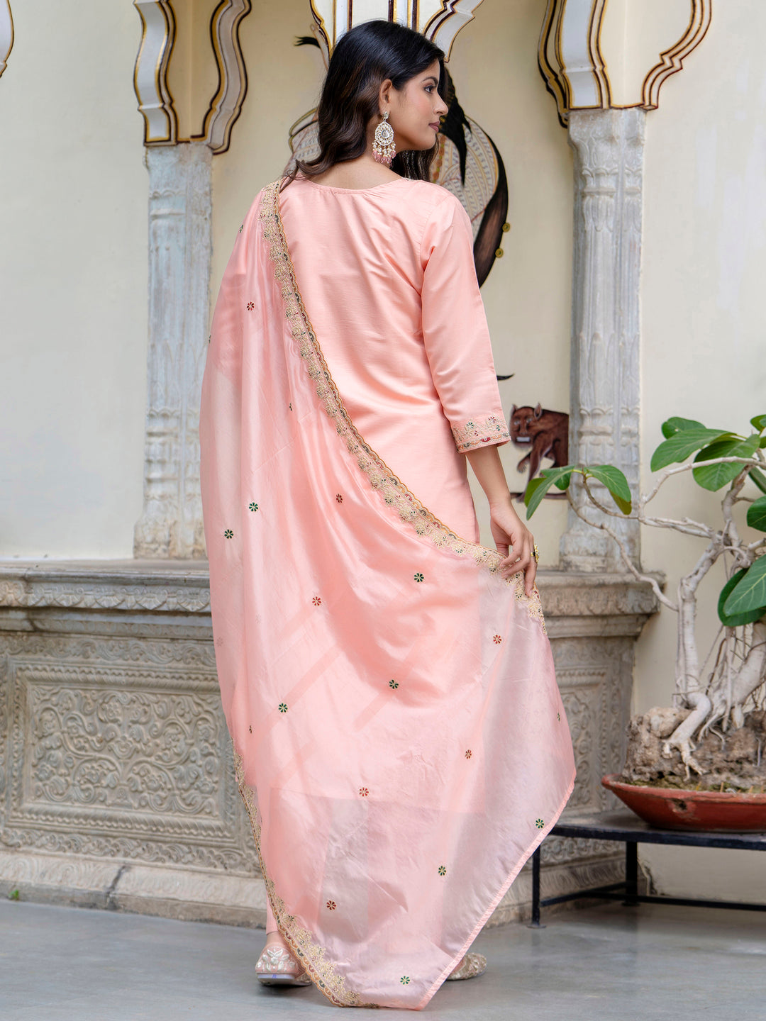 Dhiyona VV Women's Embroidered Silk Blend Calf Length Straight Kurta Trouser with Dupatta Set