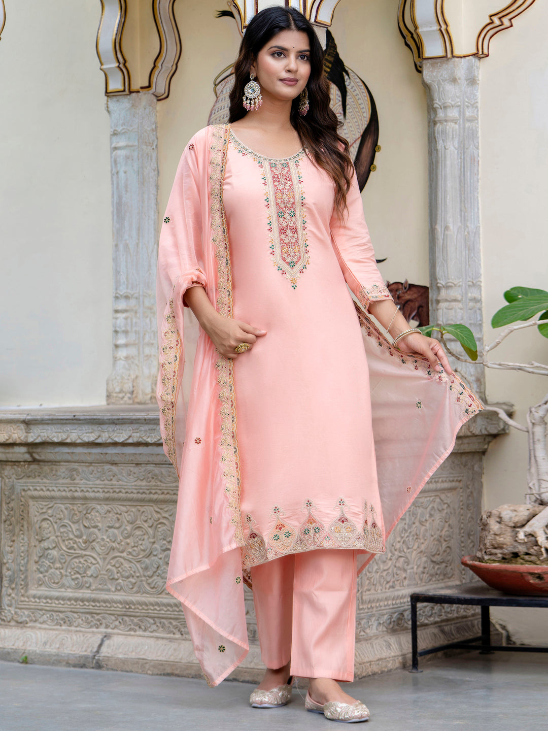 Dhiyona VV Women's Embroidered Silk Blend Calf Length Straight Kurta Trouser with Dupatta Set