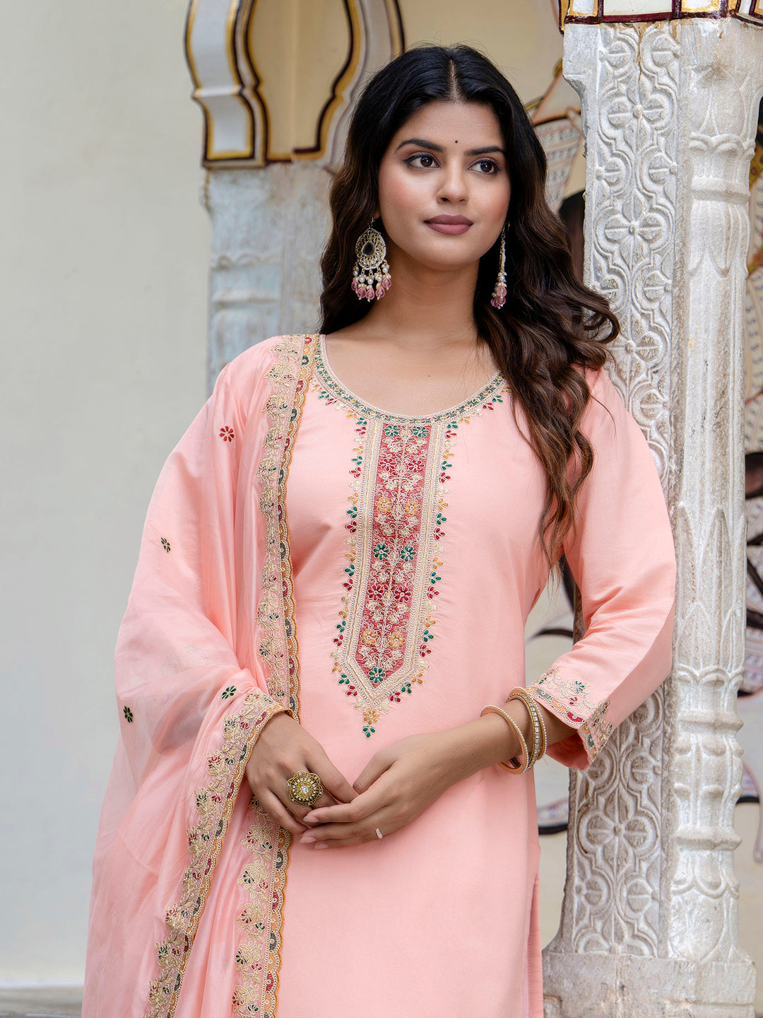 Dhiyona VV Women's Embroidered Silk Blend Calf Length Straight Kurta Trouser with Dupatta Set
