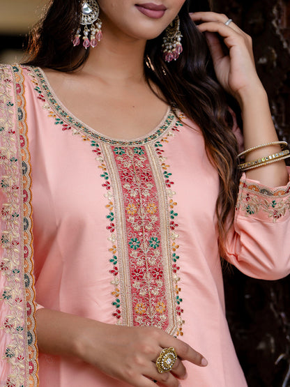 Dhiyona VV Women's Embroidered Silk Blend Calf Length Straight Kurta Trouser with Dupatta Set