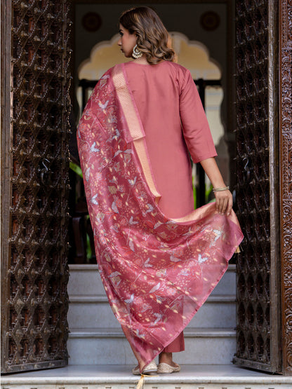 Dhiyona VV Women's Embroidered Silk Blend Calf Length Straight Kurta Trouser with Dupatta Set