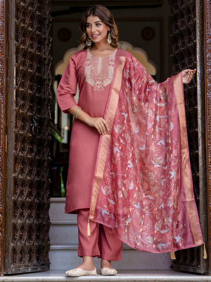 Dhiyona VV Women's Embroidered Silk Blend Calf Length Straight Kurta Trouser with Dupatta Set