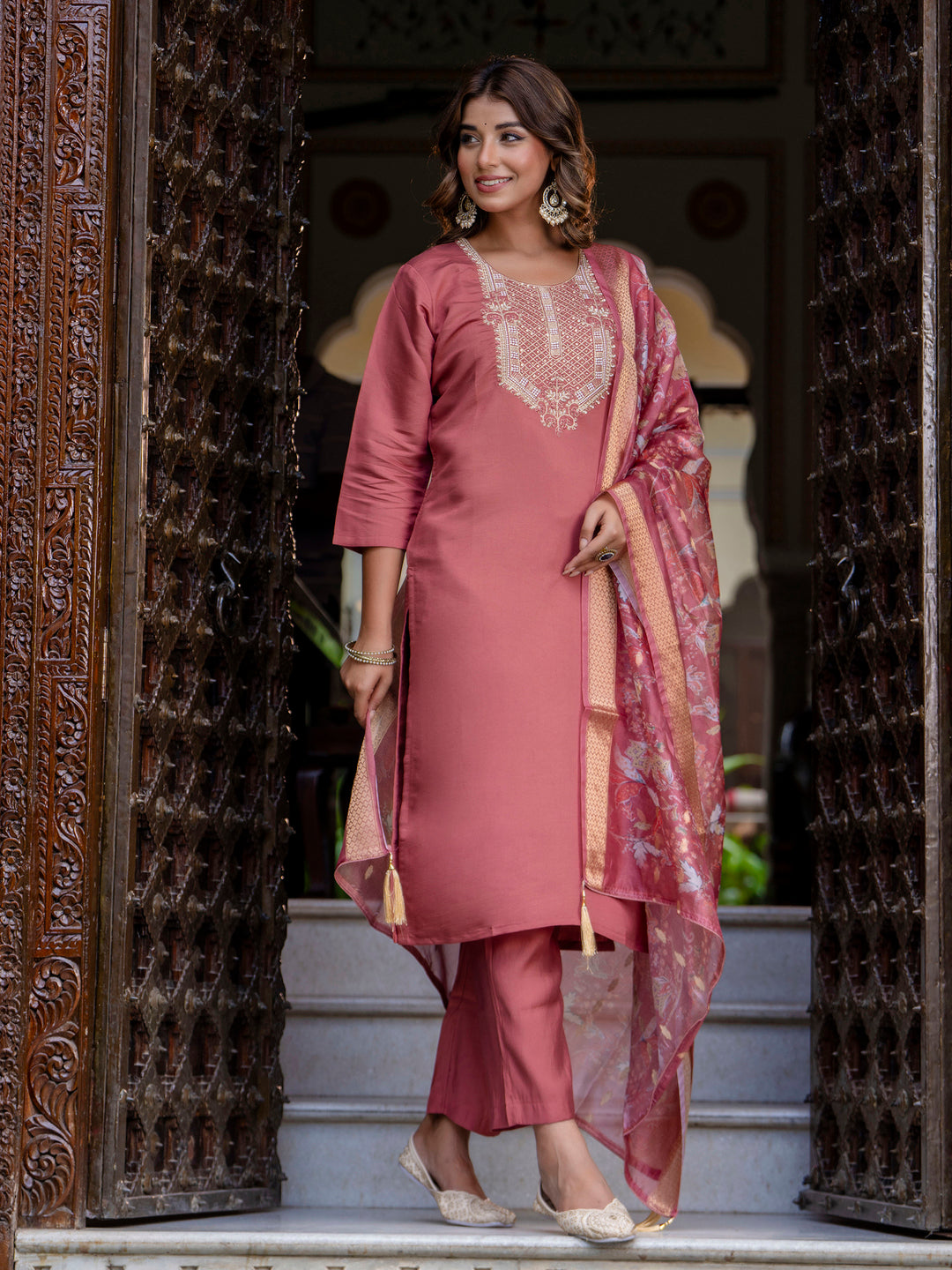 Dhiyona VV Women's Embroidered Silk Blend Calf Length Straight Kurta Trouser with Dupatta Set