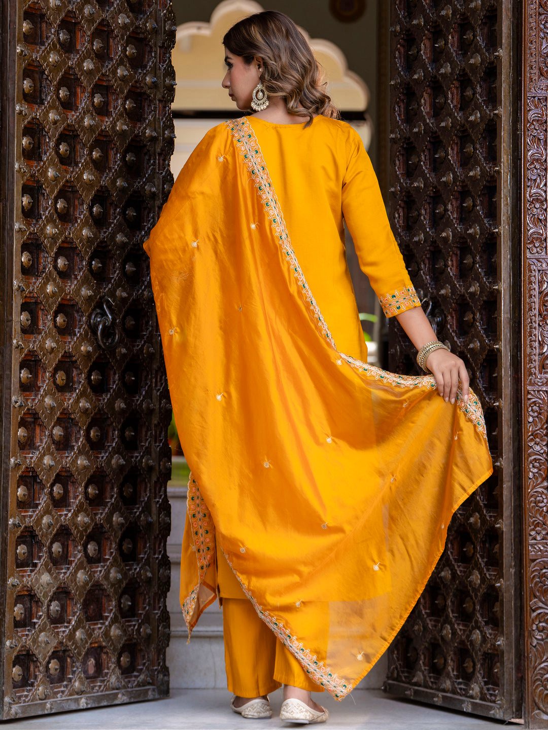 Dhiyona VV Women's Embroidered Silk Blend Calf Length Straight Kurta Trouser with Dupatta Set