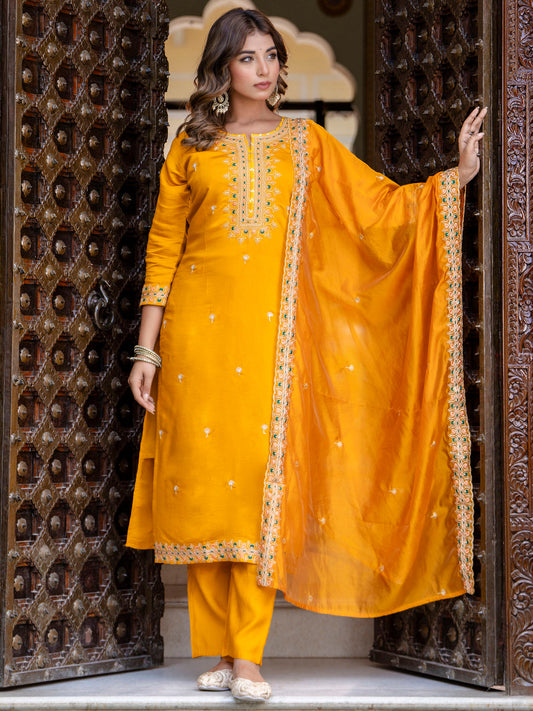 Dhiyona VV Women's Embroidered Silk Blend Calf Length Straight Kurta Trouser with Dupatta Set